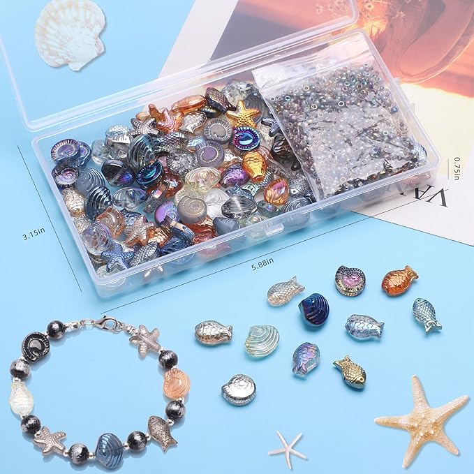 650pcs Starfish, Shell, Snails, Fish Glass Beads for Jewelry Making - Ocean Themed Colorful Star Beads for Bracelet, Loose Spacer for DIY Craft Earrings Necklaces
