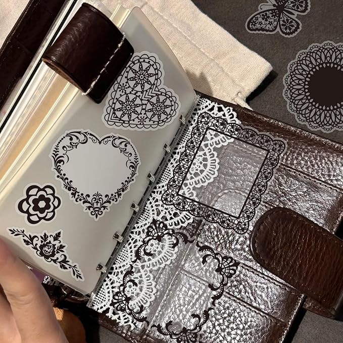 130 Pcs Vintage Black White Lace Scrapbook Stickers - Classic Butterfly Feather Heart Embellishments for DIY Journal Wedding Photo Album Craft Decor, Fade-Resistant Waterproof Reusable