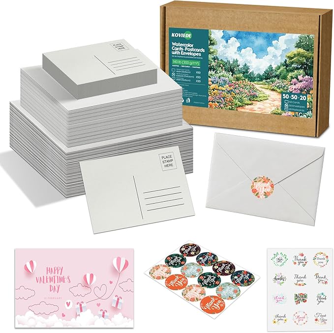 50 Blank Watercolor Cards with Envelopes 4"x6", 20 Watercolor Postcards 4"x6" 140lb/300gsm 100% Cotton Water color Acid-Free Paintable DIY Greeting Card Set