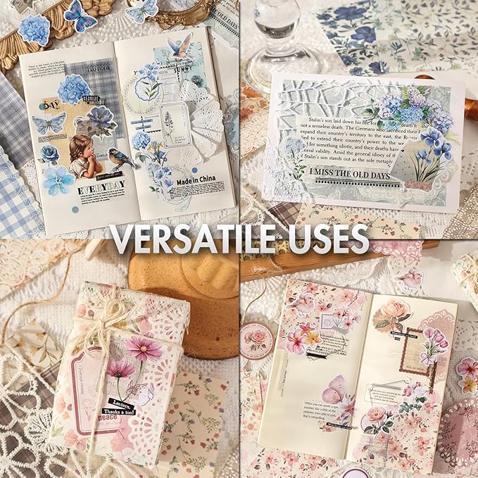 Scrapbook Supplies Kit – 400Pcs Vintage Floral Scrapbook Paper & Junk Journal Stickers, 4 Pack Journaling Supplies for Bullet Journaling, Retro Crafts, Planner, Mixed Media, Collage Card Album