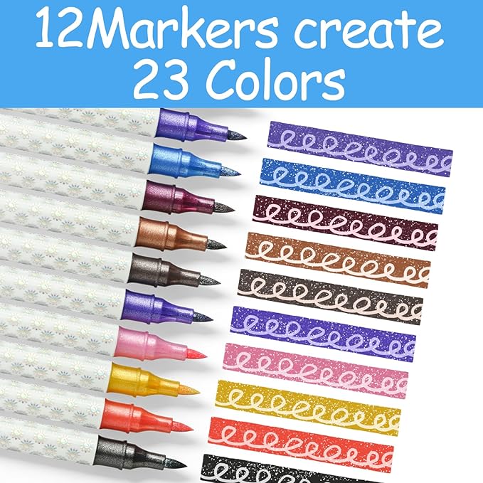 Glitter Changing Markers,12 Pack 23 Colors Sparkle Magic Markers Dual Tip Markers for Adult Art Supplies, Drawing Bullet Journal,Coloring books