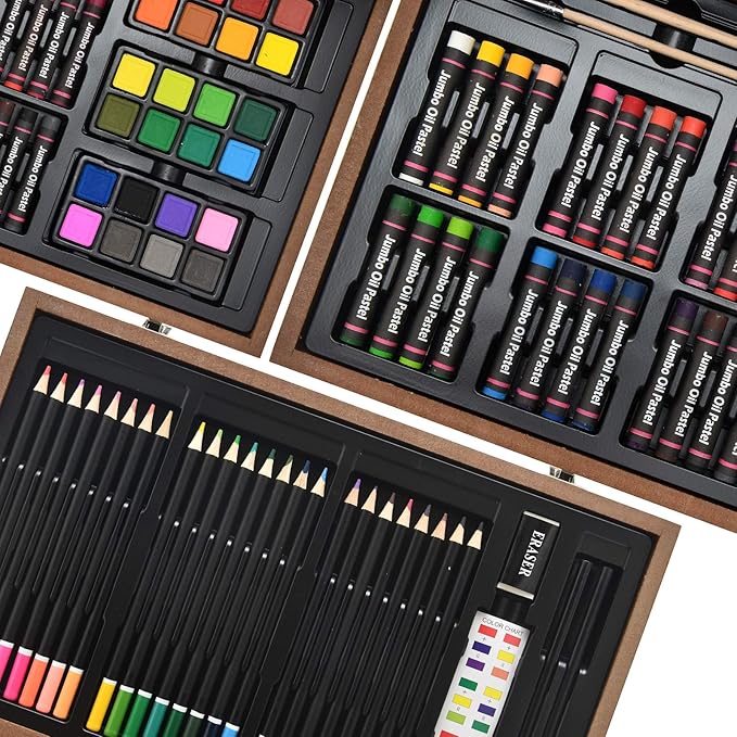 Sunnyglade 145 Piece Deluxe Art Set, Wooden Art Box & Drawing Kit with Crayons, Oil Pastels, Colored Pencils, Watercolor Cakes, Sketch Pencils, Paint Brush, Sharpener, Eraser, Color Chart (Tan)