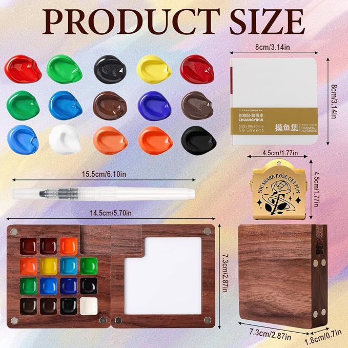 Mini Watercolor Travel Paint Set, 15 Grid Mini Portable Watercolor Palette with A Clip, Wooden Mini Paint Palette with Colours, Book, Binder Clips, Watercolor Pens for Painters Artists Students