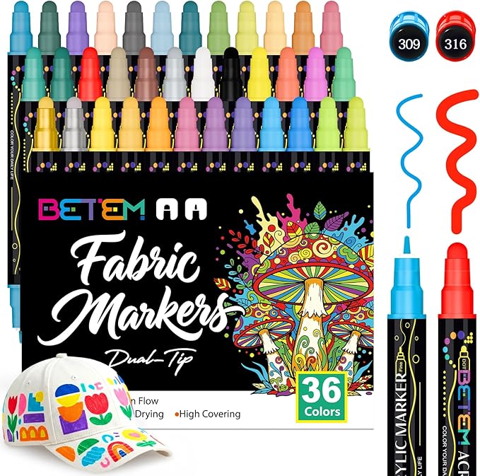 Betem 36 Colors Dual Tip Acrylic Paint Pens Markers, Fabric Decorating Kits Premium Water-Based Acrylic Paint Markers for Fabric, Rock, Wood, Glass, Eggs, Canvas, Ceramic, Easter Basket Stuffers