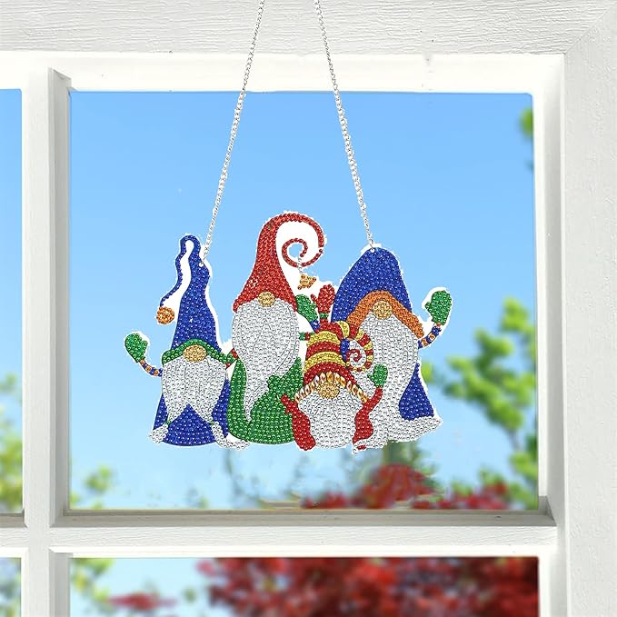 YEESAM ART DIY 5D Rhinestone Painting Christmas Decorations Hanging Kit, Four Dwarfs Gnomes Red Blue Green 22x17cm Rhinestone Art for Wall Door Window Decorations Hanging Mosaic Crafts Ornaments