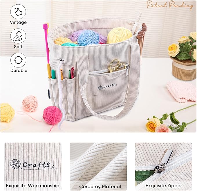 Crochet Bag and Tote - Corduroy Yarn Bag - Yarn Holder and Storage for Crochet Hooks, Knitting Accessories - Mother's Day Gift