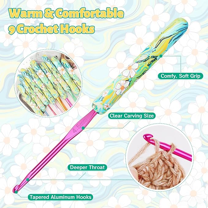 Coopay Warm Crochet Hooks Comfort Grip, Blue Flower Art Handle for Beginners, Longer Aluminum Shaft Crochet Hook Set 2.0mm-6.0mm(B-J), Smooth Needles Set for Crocheting