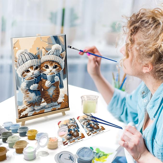 ATDMS Paint by Numbers Kits for Adults DIY Cute Cats Paint by Number with Frame Paint by Number with Easel for Wall Hanging Home Room Decor 7.87x11.81 inch