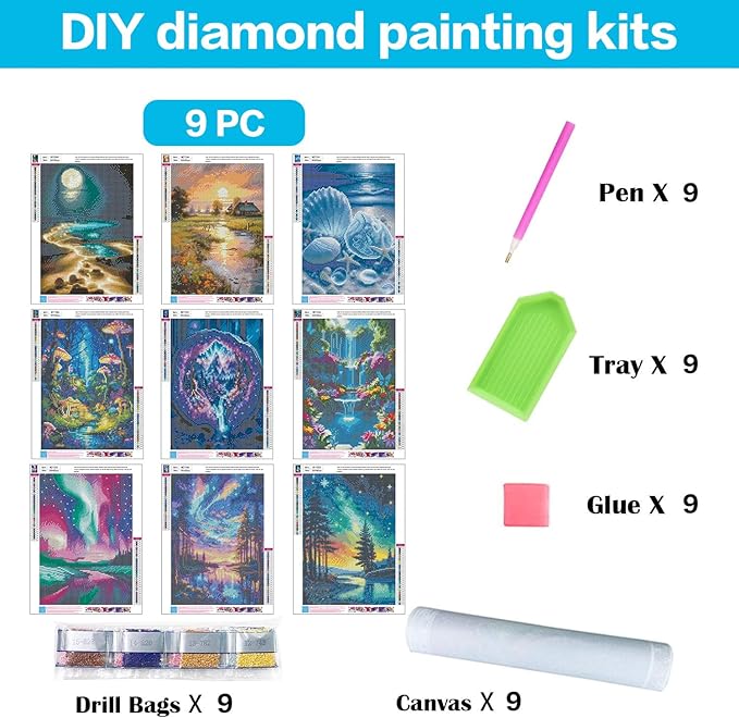 9 Pack Diamond Art Kits for Adults, Landscape Diamond Painting Kits for Adults, 5D DIY Round Drill Gem Art Paint With Diamonds Dots Crafts Ste for Home Decor Gift 12x16in (Beach, Starry Sky, Forest)