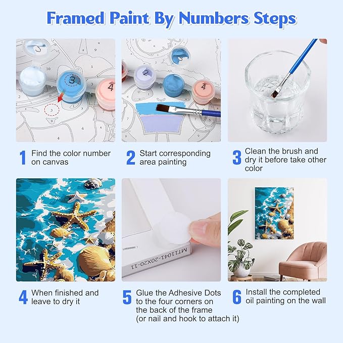 GHHKUD Starfish Paint by Numbers with Frame for Adults Beginners, DIY Seaside Landscape Paint by Numbers for Age 6-12, Art on Canvas Gifts Home Wall Decor 8x12in