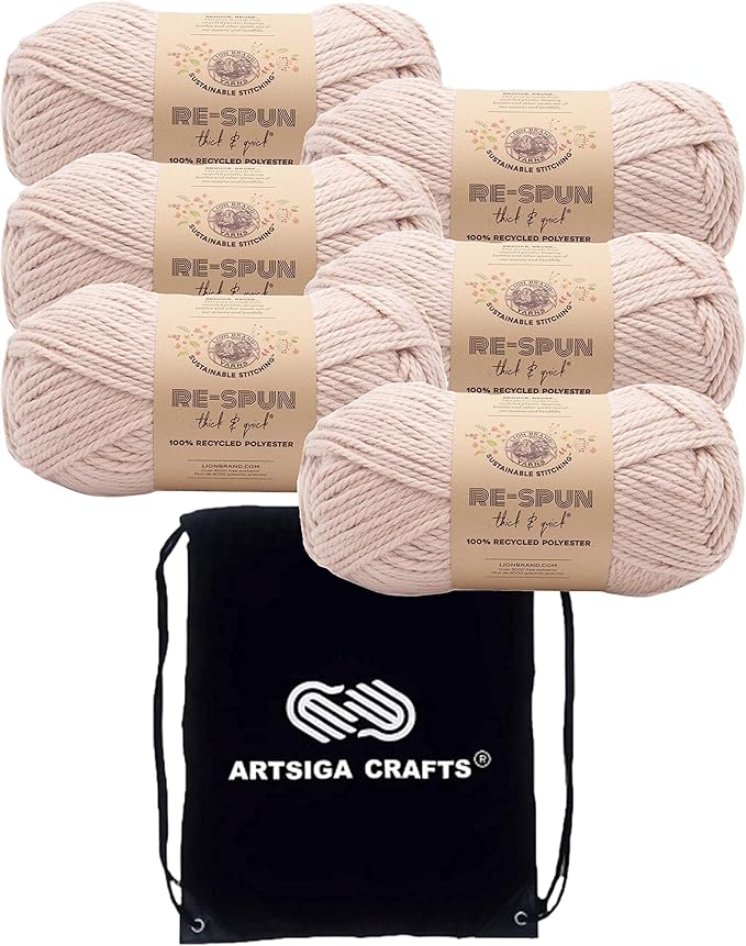 Lion Brand Re Spun Thick & Quick Sepia Rose 843-101 (6-Skeins - Same Dye Lot) Weight S Bulky #6 Polyester Yarn for Crocheting and Knitting with Project Bag