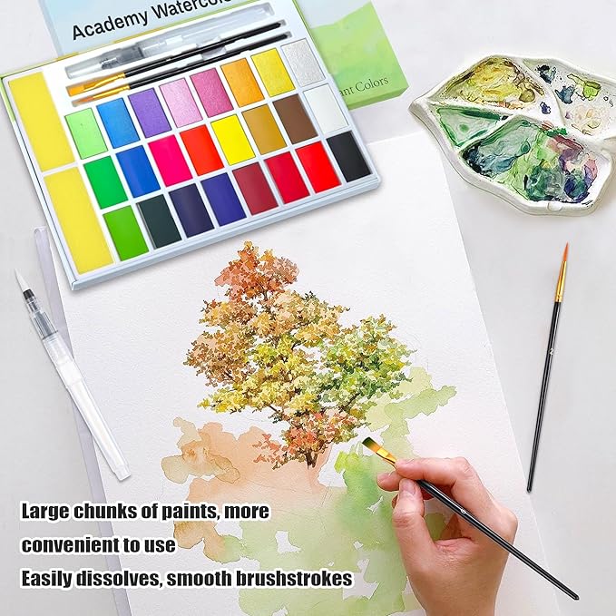 24 Colors Large Block Watercolor Paint Set for Watercolors Workbook, Portable Water Colors Paint Kit with 2 Paintbrushes 1 Waterbrush, for Painting Beginners & Professional Amateur Hobbyists(12Classic +8 Metallic +4 Fluorescent )