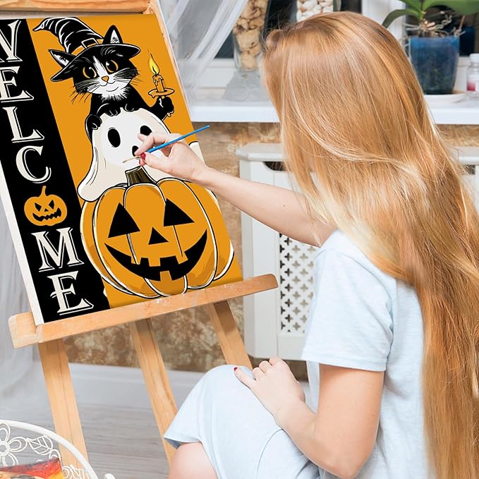 Bowetile Halloween Framed Paint by Numbers for Adults Kids, Adults' Paint-by-Number Cat Kits on Canvas, Easy Acrylic Pumpkin Number Painting Ghost Crafts Kits Halloween Gifts for Home Decor, 8x12in