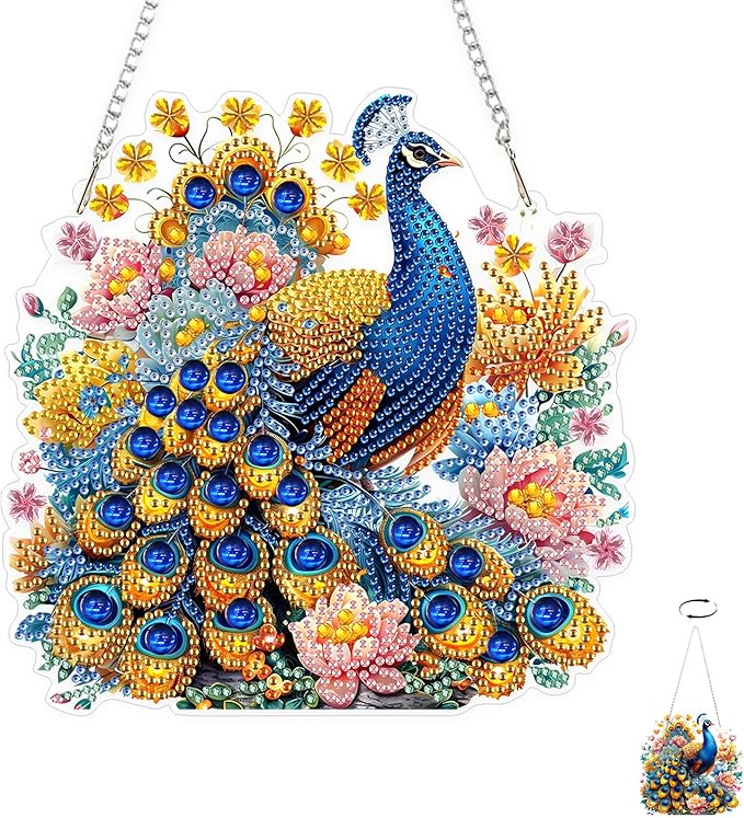 TOSTOG Elegant Peacock Diamond Art Pendant Kit for Adult, Flower Diamond Painting Hanging Kit for Beginners, 5D DIY Crafts Gem Art, Waterproof Full Accessories for Home Decor Idea 20 * 20 cm/8 * 8 in