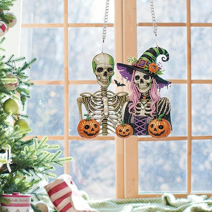 Diamond Art Painting Pendant 5D Diamond Art Hanging Kit Halloween Skull Pumpkin DIY Crystal Window Door Pendant for Adults Gift Wall Home Halloween Decoration (24.1x23.1 cm)