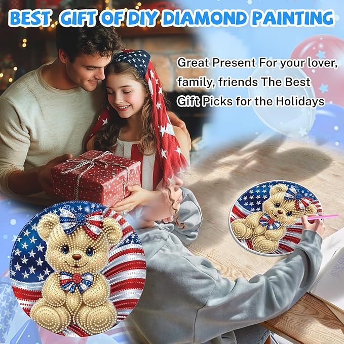 Bowetile Independence Day Bear 5D Diamond Art Hanging Kits for Adults, 4th of July Diamond Painting USA Window Pendant Kits, Special Shape Gem Art Suncatcher Ornament for Home Garden Wall Decor