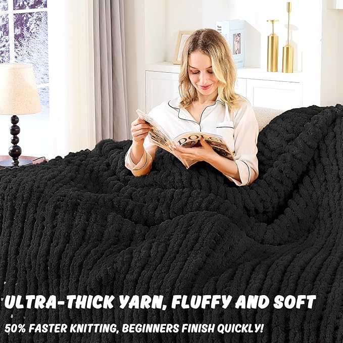 Inhand 8 Pack Chunky Chenille Yarn for Crocheting–30.6 Yards, 7.7oz, Soft Fluffy Thick Yarn,Gifts for Men/Women Birthday Christmas Unique,Hand Knitting for Blankets&DIY Crafts (Black)