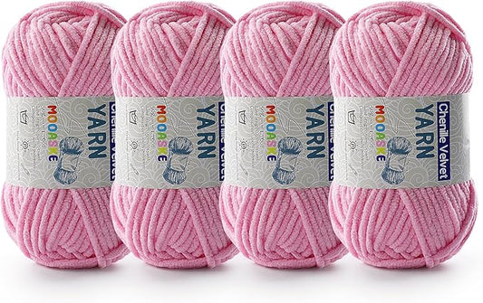 4 Pac Chenille Yarn for Crocheting - Blanket Yarn for Crocheting - Fluffy Yarn for Crochet, Baby Yarn for Crocheting Soft Blankets Weight Per Roll 50g/1.76oz, Length 60m/65yard (Dark Pink)