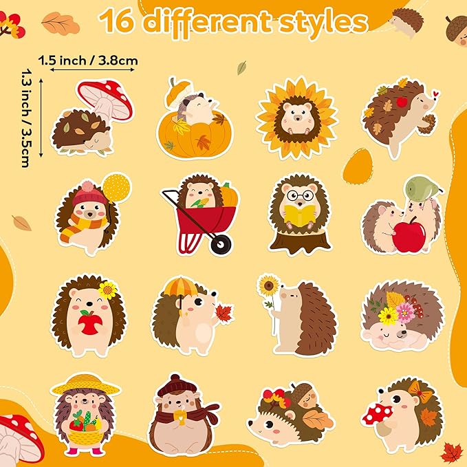 beyumi fall cute hedgehog sticker - 1000pcs fall hedgehog stickers in 2 rolls autumn thanksgiving adhesive kawaii animal decals fall holiday party favor supplies classroom office bottle decor for kids