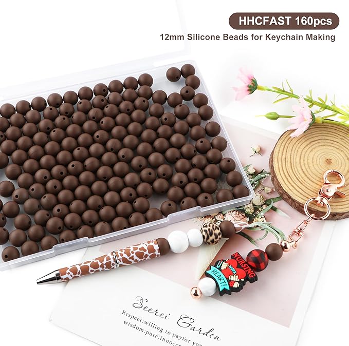160Pcs 12mm Silicone Beads for Keychain Making Bracelet Necklace, Bulk Round Silicone Beads for Pens（Chocolate）