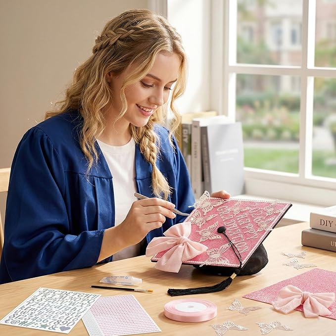 DIY Graduation Cap Decorations, 21 Pcs Pink DIY Graduation Cap Topper Kit with Glitter Paper, 3D Butterfly, Rhinestones Pearls Alphabet Stickers, Ribbon and Bow for 2026 Graduate Decor Gifts