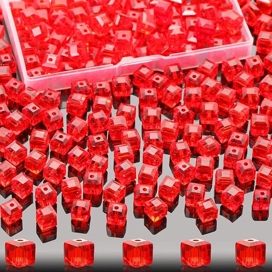 100 Pcs 8mm Cube Crystal Glass Beads for Jewelry Making, Square Crystal Beads with Box, Crystal Spacer Beads for DIY Craft Bracelets Charms Wind Chimes (Red)