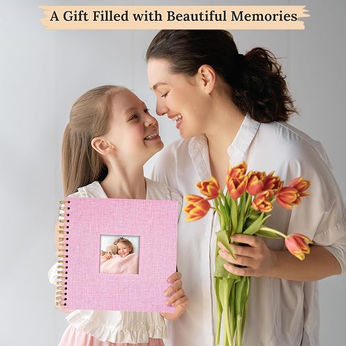Scrapbook Photo Album Linen Cover, 12 x 12 Inch Hardcover Kraft White Pages Memory Book, for Travel Wedding Guest Book Christmas Baby Shower (40 Sheets/ 80 Pages,Pink)