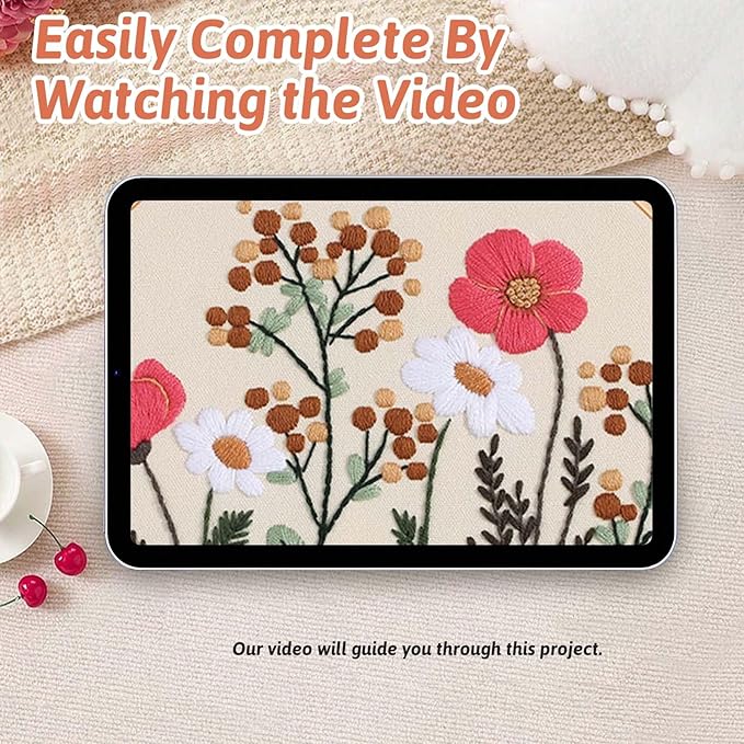 Fakindiy 4 Sets Embroidery Kit for Beginners, Flower Cross Stitch Set for Complete Starter Kit with Hoop, Threads, Needles & Tools,Hand Craft Gift for Lovers (ColorC-Flower Pattern)