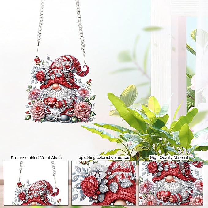 Rose Gnome Diamond Painting Hanging Kit, DIY 5D Acrylic Diamond Art Pendant with Special Shaped Rhinestones, Valentine’s Day Craft Ornament for Wall, Window, or Home Decor, Handmade Gift for Adults