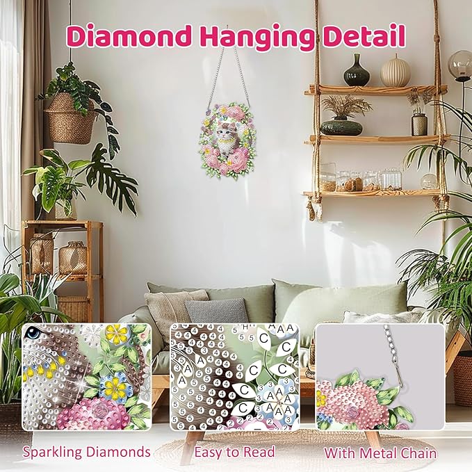 MEIYUDA Cat Diamond Art Hanging Kits for Adult, Flower Wreath Cat Diamond Painting Hanging Kits Ornaments, DIY Special Shaped Rhinestone Window Pendants Kit for Home Garden Wall Decor Gift