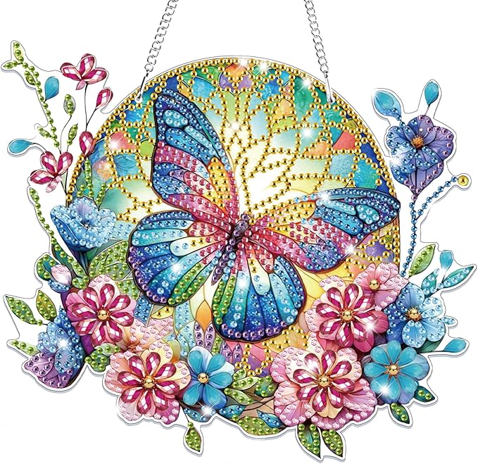 Bowetile Butterfly Diamond Art Hanging Kits for Adults, 5D Special Shape Diamond Painting Flowers Pendant Kits, Animal Gem Art Suncatchers Painting Ornament for Home Garden Wall Decor