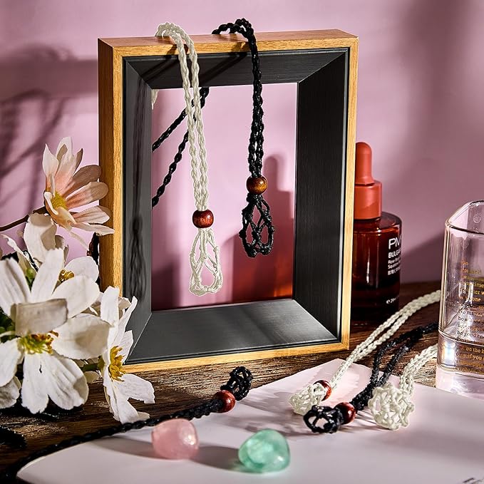 Hicarer 6 Pieces D20 Necklace Cord Empty Stone Holder Empty Necklace Holder Quartz Crystal Stone Cord, 3 Sizes Adjustable Cage Fish Netted for DIY Jewelry Making(Black,Beige)