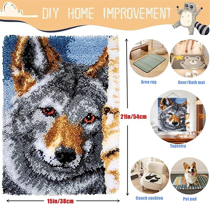 EMISTEM Latch Hook Kits for Adults - DIY Latch Hook Rug Kits, Crochet Kit for Beginners, Rug Making Kits with Printed Canvas, Gift Packaging. (Grey Wolf,15x21)