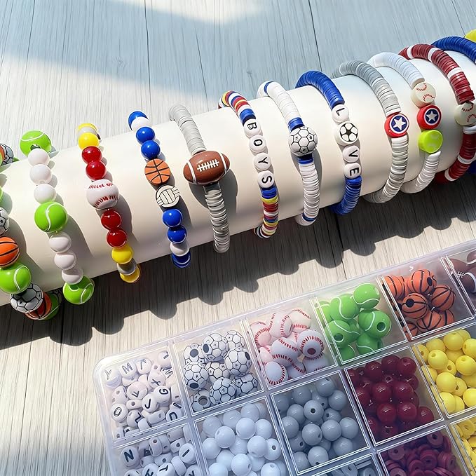 1769Pcs Acrylic Sports Ball Beads Kit for DIY Bracelet, Necklace & Jewelry Making, Letter Beads Volleyball Baseball Basketball Football Soccer Charms, Birthday Party Supplies Handmade Gifts