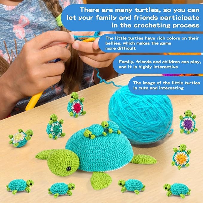 FOUSNOW Crochet Kit for Beginners, 21 Pcs Turtles Family Crochet Animal Kit for Adults, Memory Matching Game, Crochet Start Kit with Step-by-Step Video Tutorials, Accessories, Craft Art