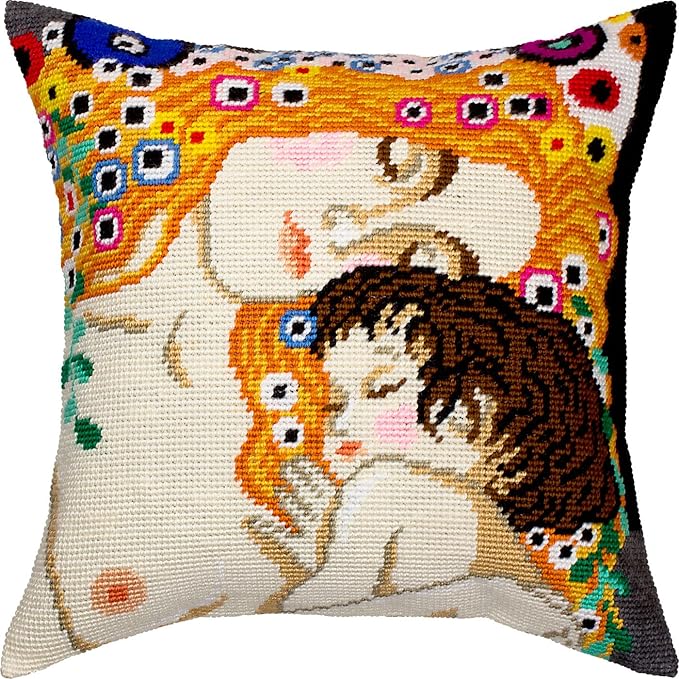 Brvsk Stamped Cross-Stitch Kit for Adults and Beginners — The Three Ages of Woman by Gustav Klimt 16″ × 16″ with Clear, Precise Printed Design on Cotton Canvas; Includes Needles and Yarn