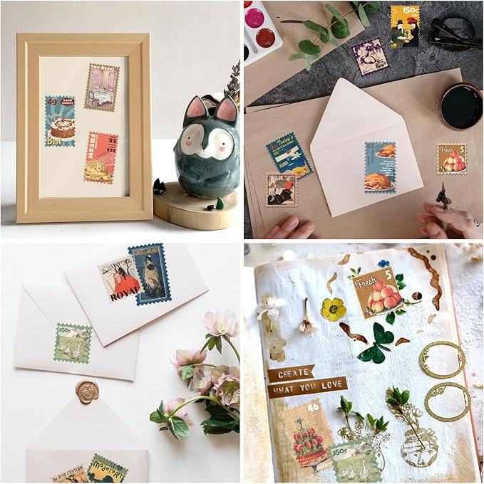 Prstincol 100 Pcs Scrapbooking Stickers,Food Stickers for Scrapbooking,Vintage Stamp Sticker for Journaling,Retro Poster Sticker for Water Bottle Laptop Phones Bullet Journal