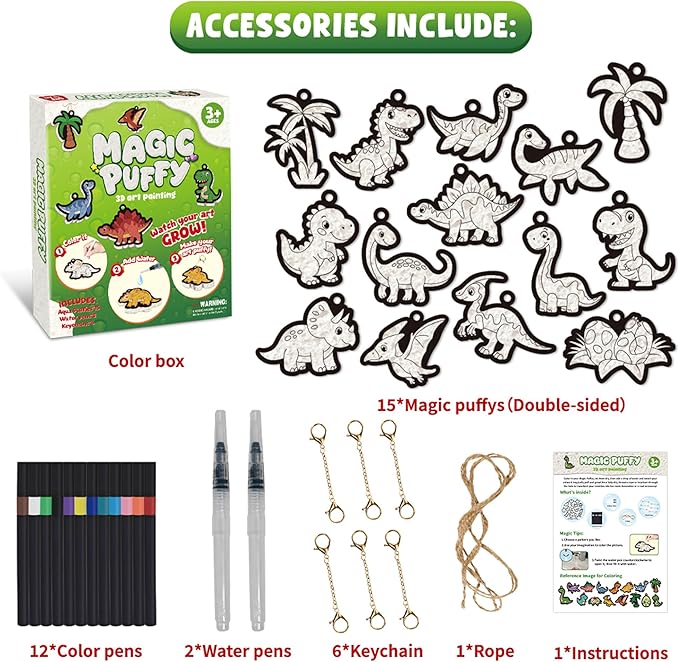 MZYTOZA 3D Art Kit Aqua Magic Puffs Dinosaur - Double-Sided, 15 Mess-Free Paint by Number Craft for Kids, Christmas Gift Idea & Stocking Stuffer, Art Projects with Puff Markers