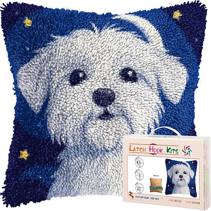 DIY Latch Hook Pillow Kits for Adults Cute Maltese Dog Printed Pillowcase Crochet Yarns Hooking Handmade Pillow Cover Cushion for Home Sofa Decor 17x17inch(6)