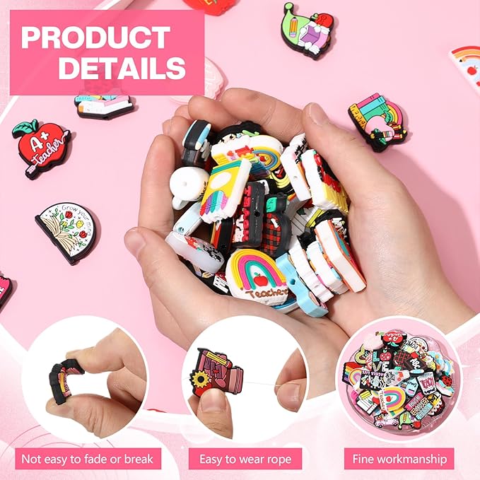 Watersay 50 Pcs Teacher Focal Beads for Pens Appreciation Week Gfits Silicone Focal Beads Bulk Teacher's Day Silicone Charms for Beadable Keychain Pen DIY Crafts Necklace Bracelet Jewelry Making