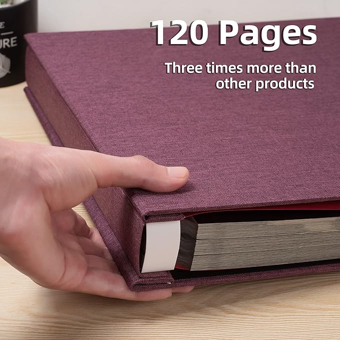 Large Photo Album Self Adhesive 4x6 5x7 3x5 8x10 Scrapbook Magnetic Album DIY Scrap Book Length 13 x Width 12.8 (Inches) 120 Black Sticky Pages Linen Cover DIY Photo Album(Purple)