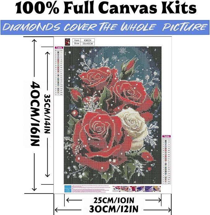 Diamond Art Kits for Adults Elegant Red Roses Snowflakes, DIY 5D Diamond Painting Kit for Beginners, Full Round Drill Gem Art Dots for Adults, Diamond Dots Paintings Crafts Home Wall Decor 12X16 Inch