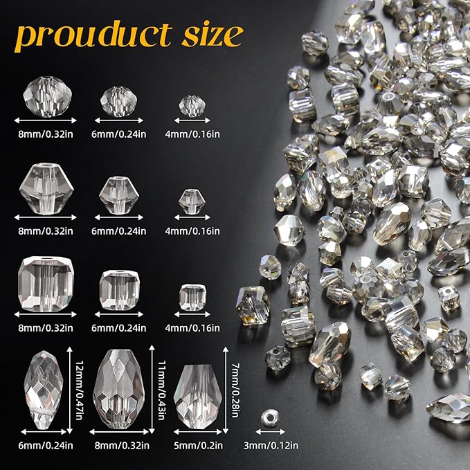 1500 Pcs Crystal Glass Beads for Jewelry Making – 12 Styles Bicone, Rondelle, Cube, Teardrop & 3mm Spacer Beads, DIY Bracelet Necklace Earring Craft Kit with Organizer Box(Grey)