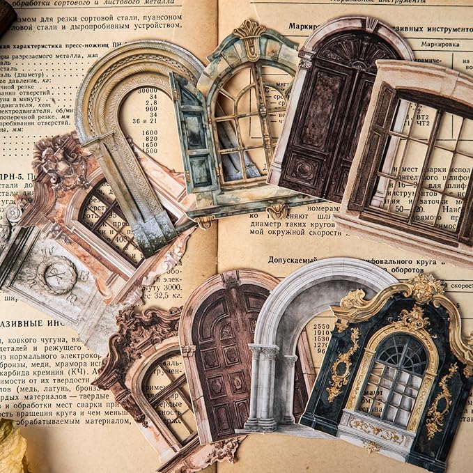 80 PCS Vintage Textured Hard Card Hollowed Door and Window Scrapbook Stickers, Aesthetic Decorative Frame Stickers for DIY Diary Junk Journal Handbook Journaling Scrapbooking Supplies Kit Pop-up