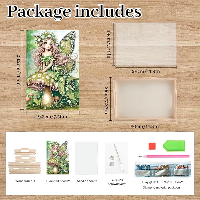 DIY Diamond Art Tray with Handle Diamond Art Painting Plate Creative Design Handmade Wooden Tray Mosaic Making Kits by Number Kit Diamond Art for Coffee Living Room Home Organizer (Green Mushroom Elf)