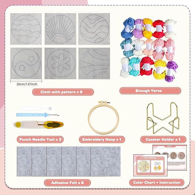 AIRDEA Punch Needle Drink Coasters Kit,Casual Punch Needle Embroidery Complete Kits for Beginner 3.29x3.29 Inches,Included All Accessories,DIY Car Coasters (Pink)