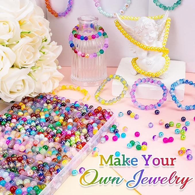 XSEINO About 144 Colors 1200PCS 6mm Glass Beads Bracelet Making Set, Colored Glass Beads in Six Styles for Bracelet, Jewelry and DIY Craft Making