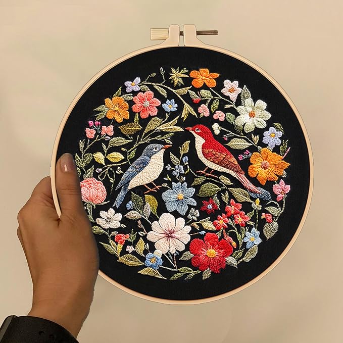 fonnuy embroidery kit for beginners, birds with flowers pre-stamped pattern kits for adults with hoop, easy to follow color thread needlework, 8'' hoop (red)