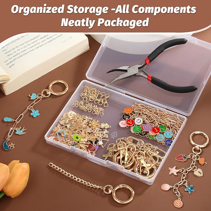 selizo 263Pcs Charms Lip Gloss Keychain Making Kit, DIY Craft Supplies with Charms, Key Chain Hooks, Jump Rings, Lobster Clasps, Chains & Tools, Jewelry Making Kit for Custom Keychains, Bags, Gifts