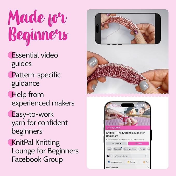 KnitPal Everyday Joy Knitting Kit – Make 4 Reusable Dishcloths for Confident Beginners – Cotton to The Core Yarn (#3 DK), Needles, Patterns & Video Tutorials (Cherry Red + Blush Pink)